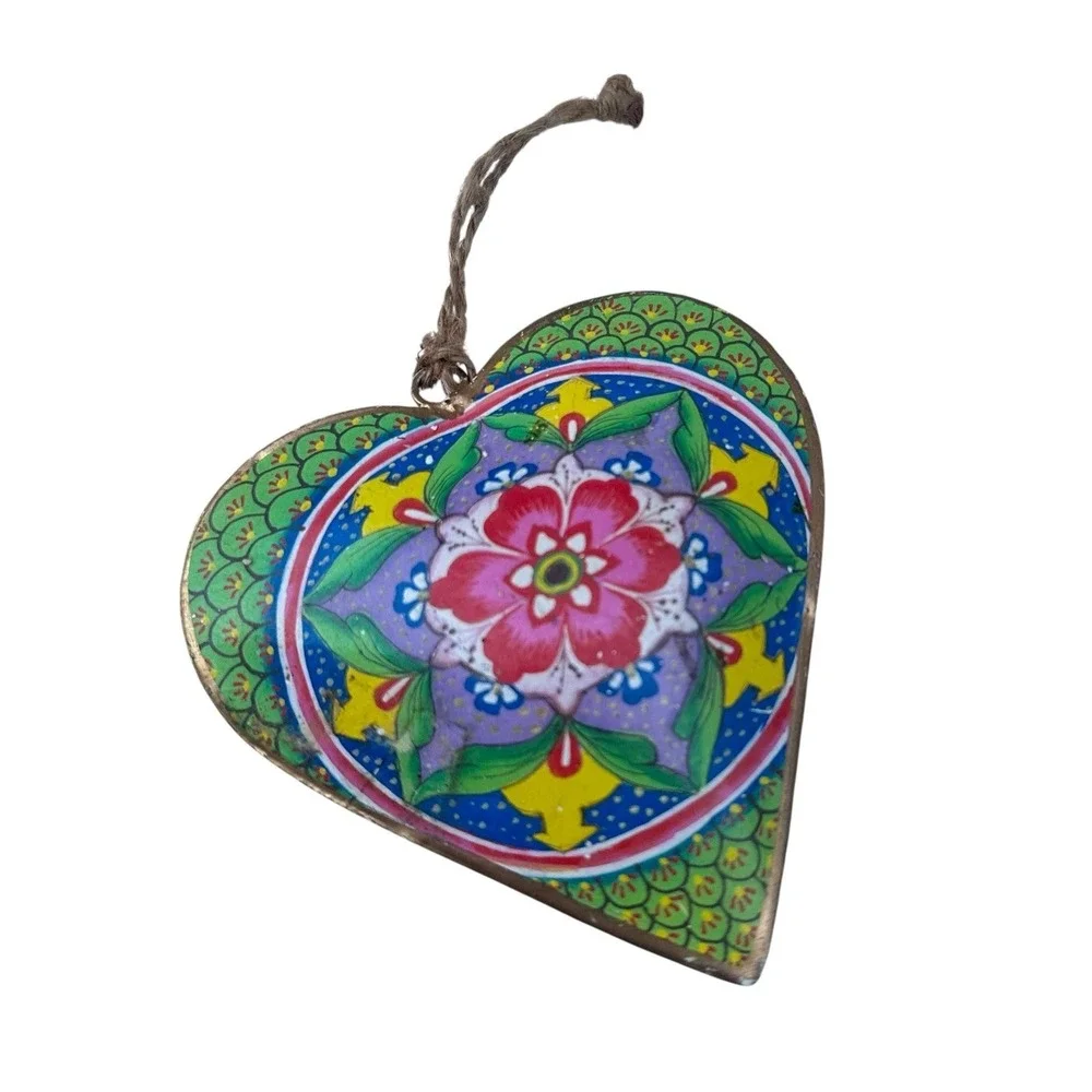 Large Metal Colorful Hand Painted Metal 2 Side 3D Hanging Heart Ornament Boho 4